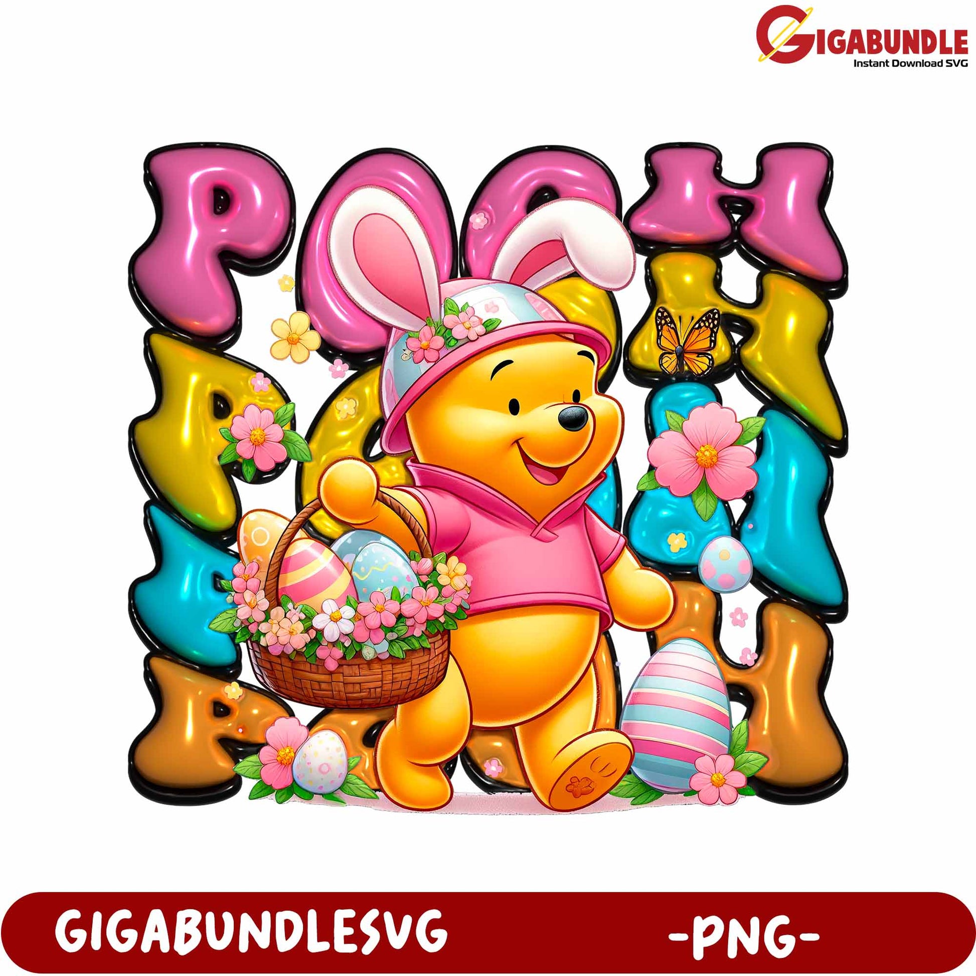 Colorful Easter Pooh Bear with Basket PNG Downloadable Image