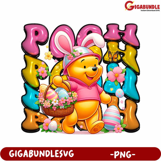 Colorful Easter Pooh Bear with Basket PNG Downloadable Image