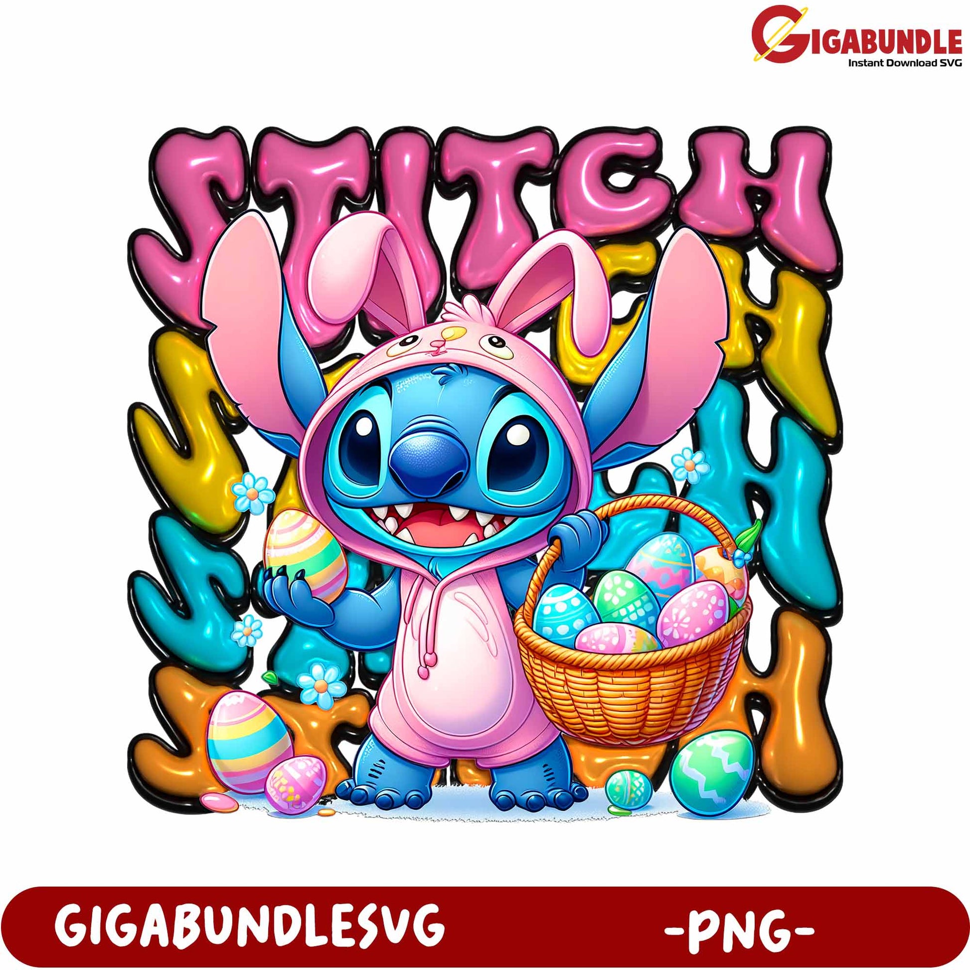 Colorful Easter Stitch Character Holding Egg Basket PNG Art
