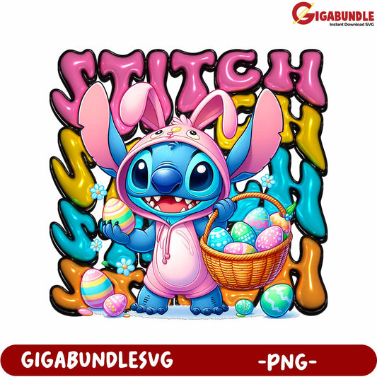 Colorful Easter Stitch Character Holding Egg Basket PNG Art