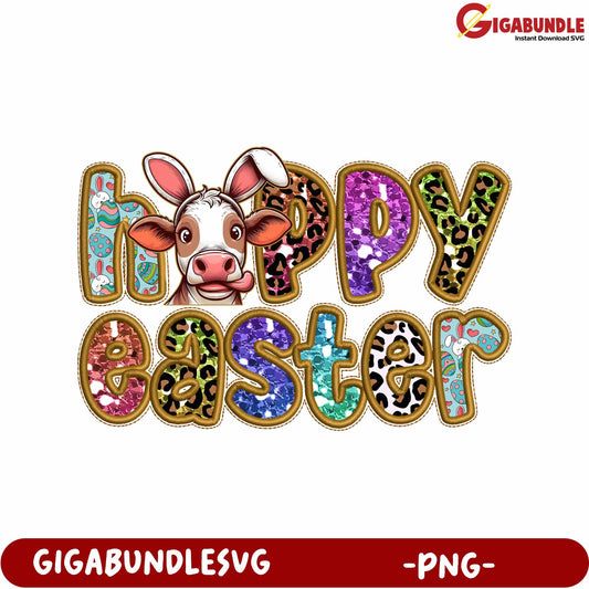 Colorful Happy Easter Cow Design for Celebratory PNG Use