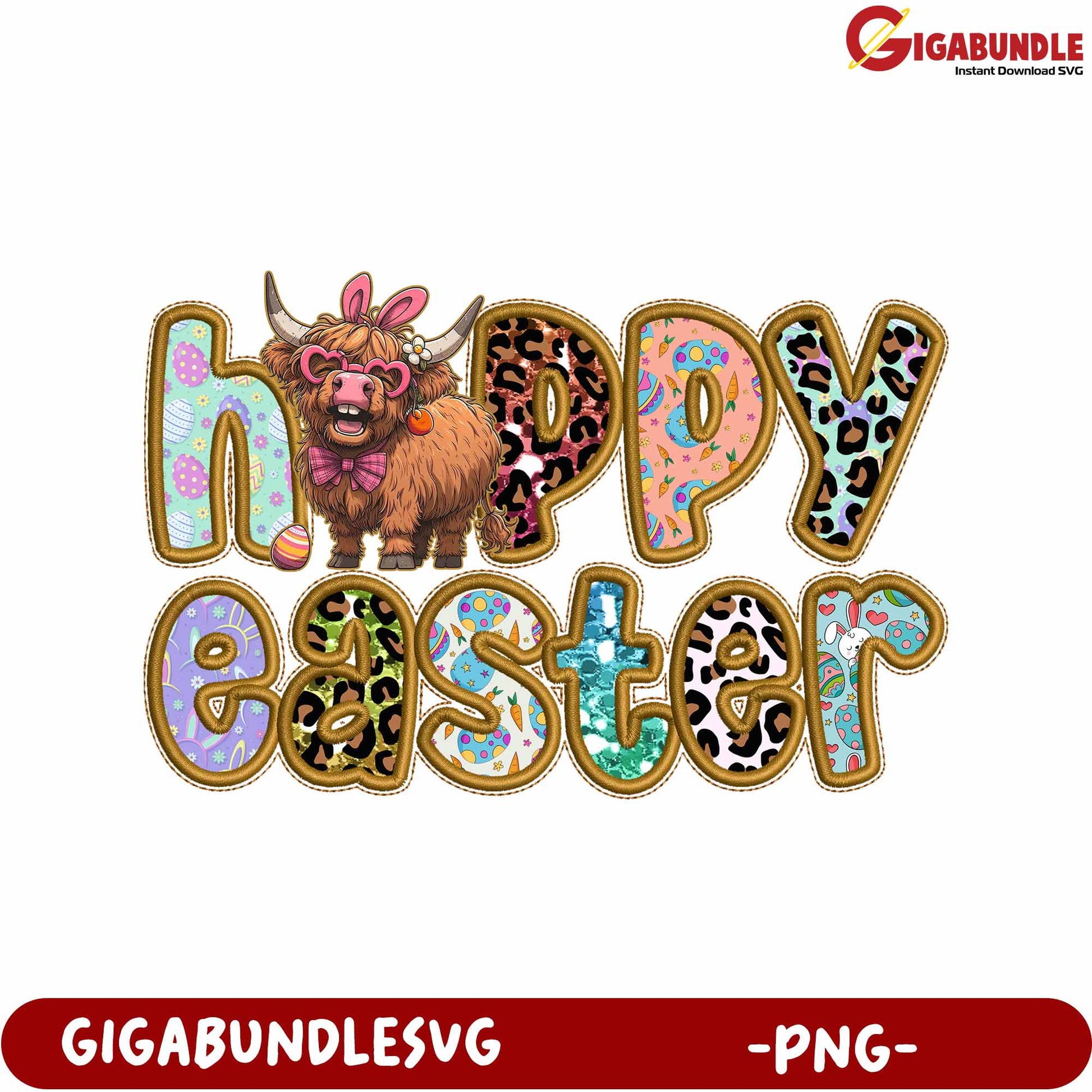 Colorful Happy Easter Design with Adorable Highland Cow PNG
