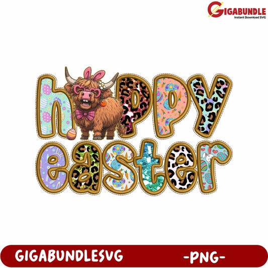 Colorful Happy Easter Design with Adorable Highland Cow PNG