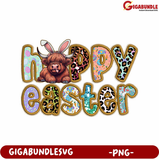 Colorful Happy Easter Design with Cute Highland Cow PNG Art