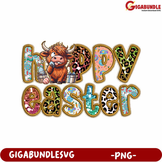 Colorful Happy Easter Design with Highland Cow - PNG Format