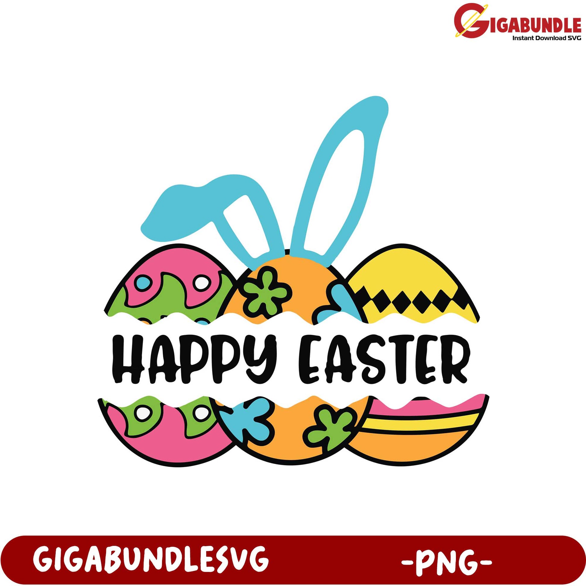 Colorful Happy Easter PNG Design with Bunny Ears and Eggs