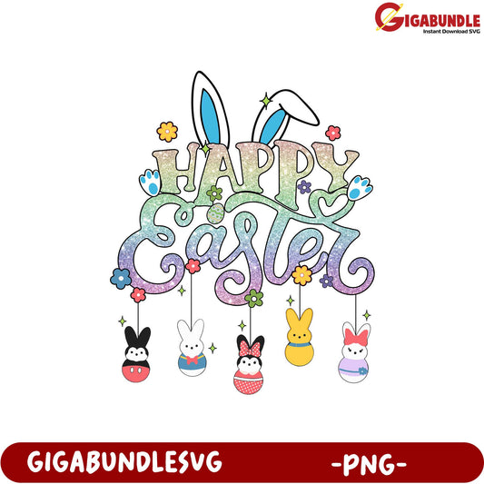 Colorful Happy Easter PNG Design with Cute Bunny and Eggs