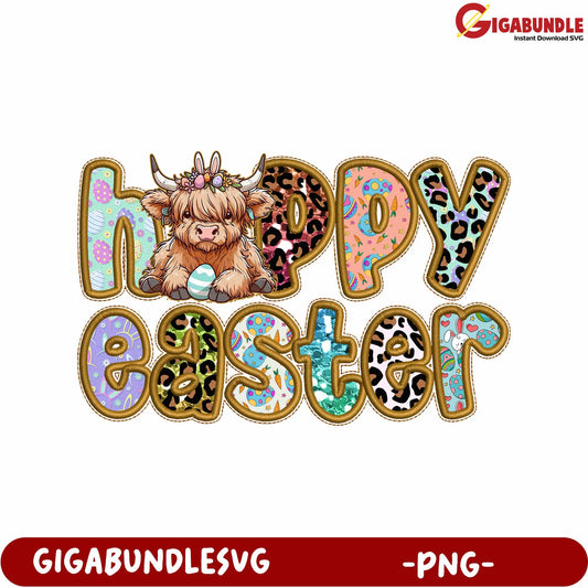Colorful Happy Easter PNG Design with Cute Highland Cow