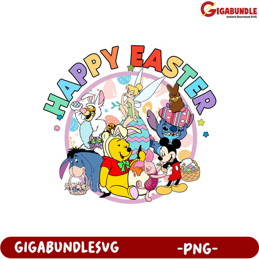 Colorful Happy Easter PNG with Classic Cartoon Characters