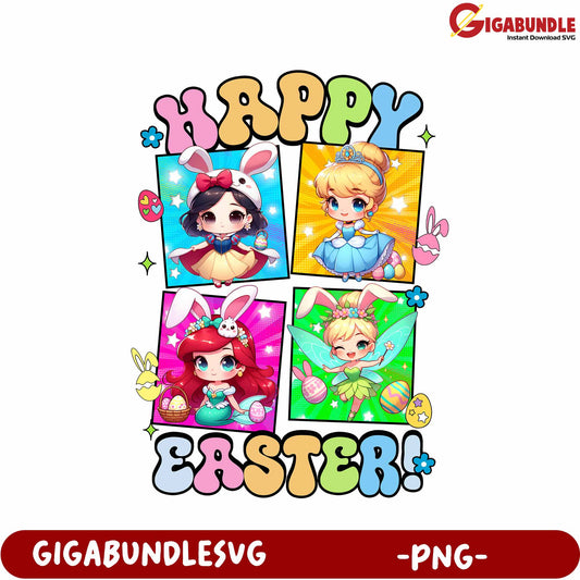 Colorful Happy Easter PNG with Cute Cartoon Characters Design