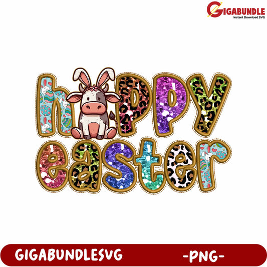 Colorful Happy Easter PNG with Cute Cow and Fun Patterns