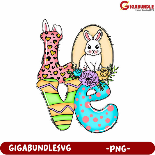 Colorful Love Bunny and Floral Design for Cute Decor - PNG