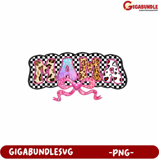 Colorful Mama Design PNG with Leopard Print and Heart Bow Decoration