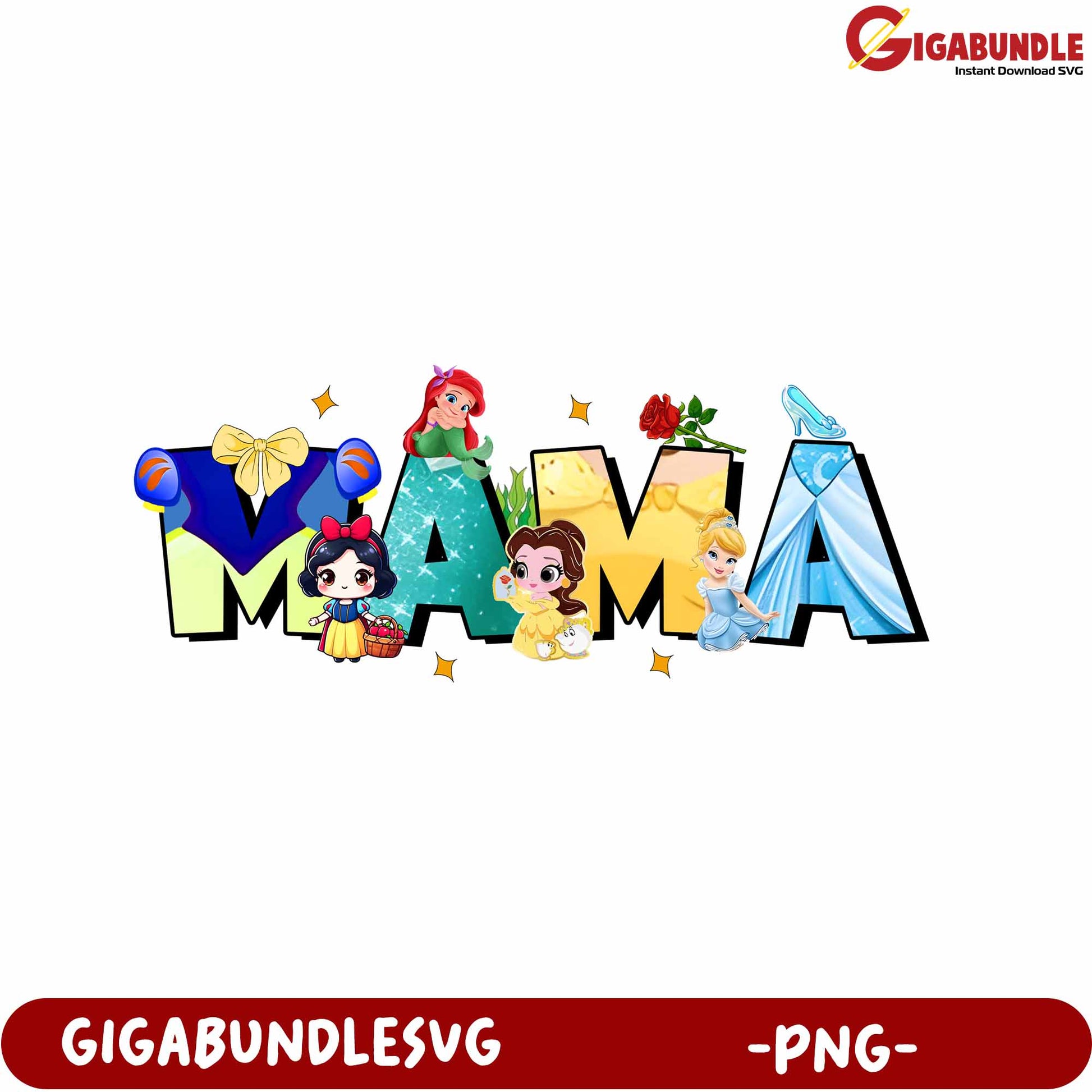 Colorful Mama Design with Classic Princess Characters - PNG
