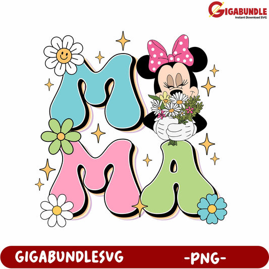 Colorful Mama Design with Flowers and Minnie Mouse PNG Format