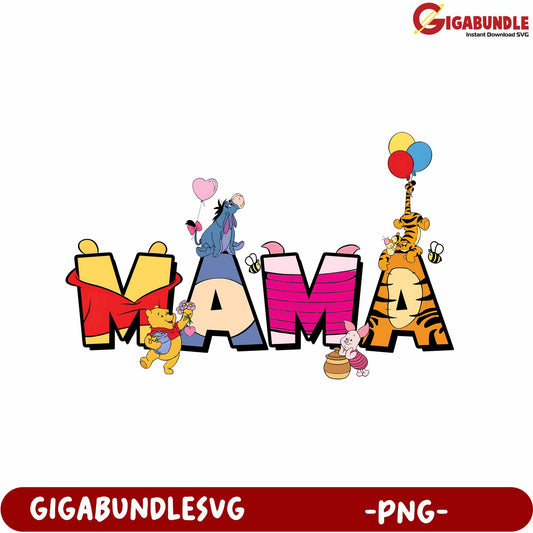 Colorful Mama Design with Winnie the Pooh Characters - PNG
