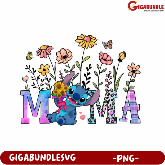 Colorful Mama Floral Design with Stitch Character - PNG Format