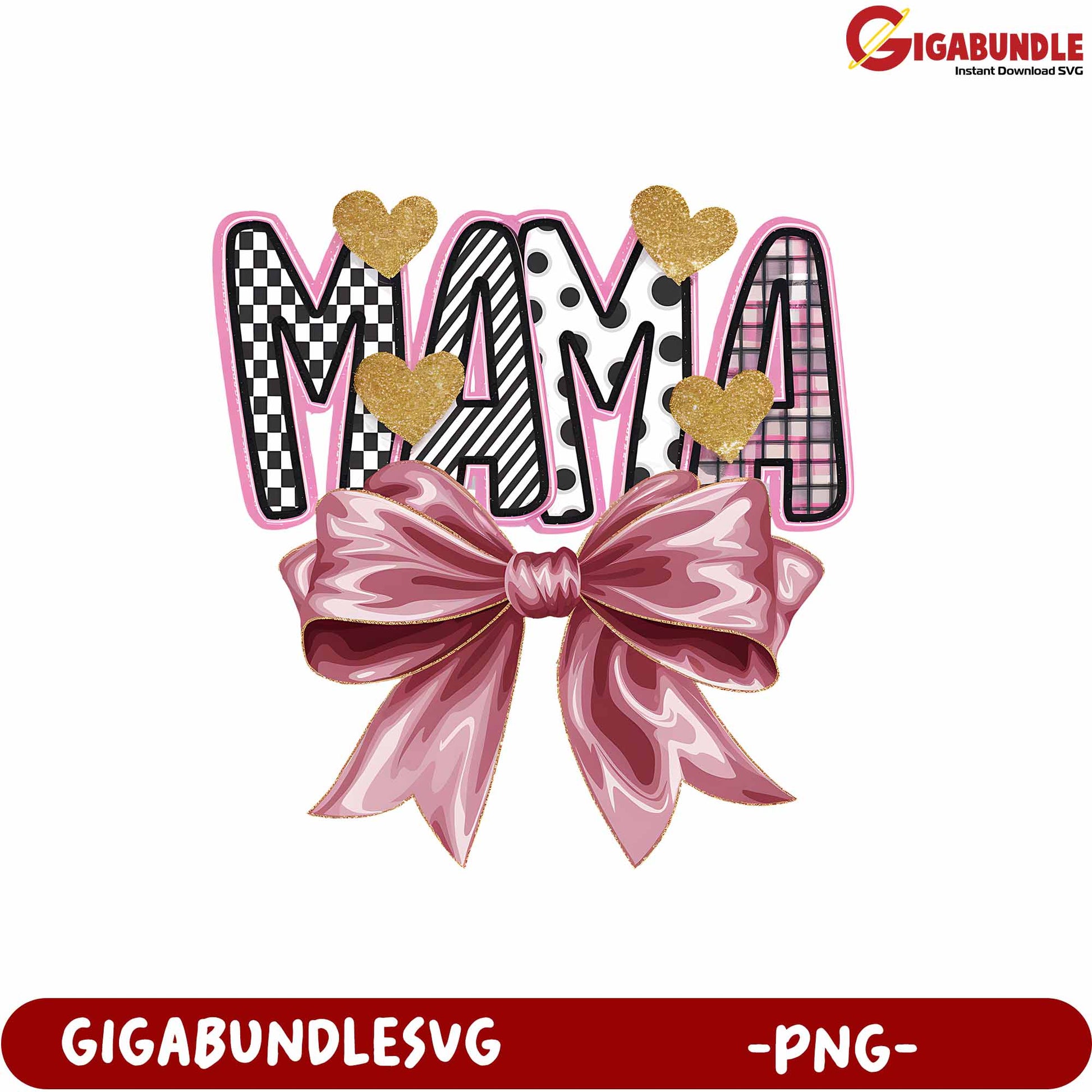Colorful Mama Text with Bow and Heart Decorations PNG Design
