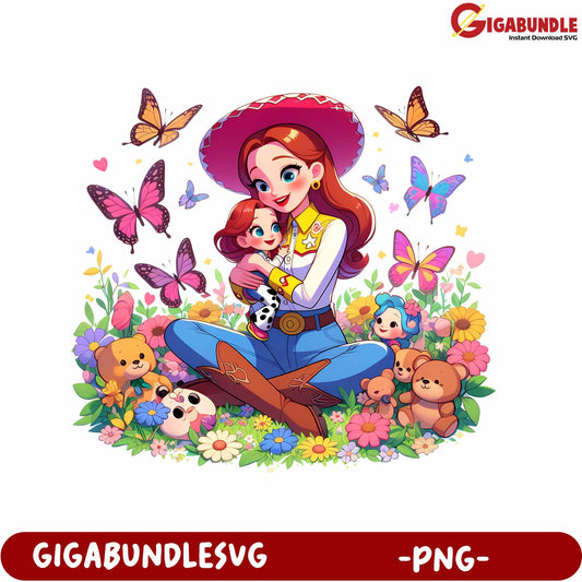 Colorful Mother and Daughter with Butterflies in Blooming Garden