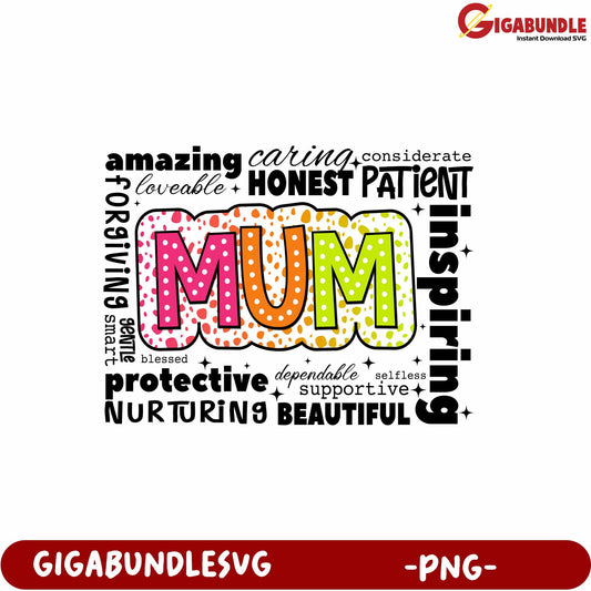 Colorful Mum Word Art Printable for Mother's Day Gift Ideas PNG