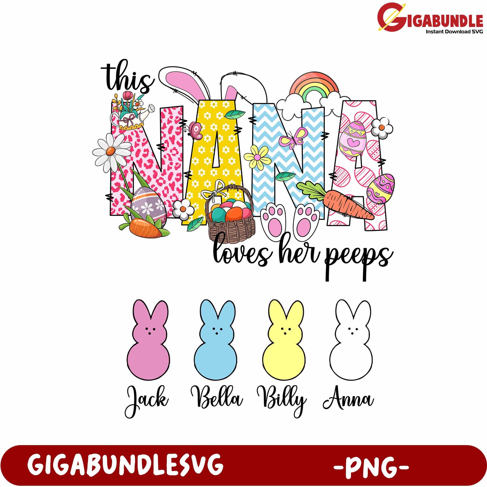 Colorful NANA Artwork with Bunnies and Easter Elements PNG