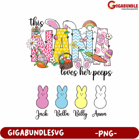 Colorful NANA Artwork with Bunnies and Easter Elements PNG