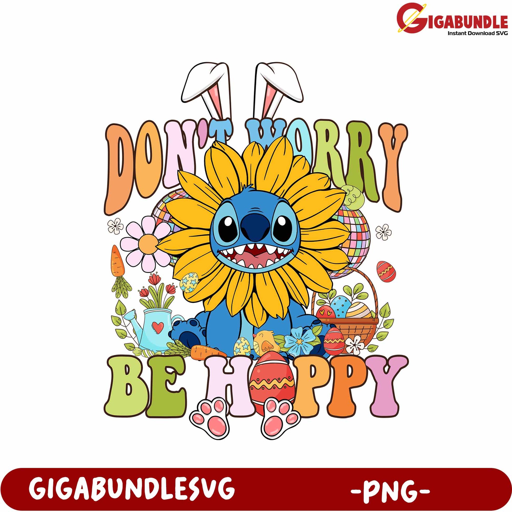 Colorful PNG Art Don’t Worry Be Happy with Flowers and Bunny