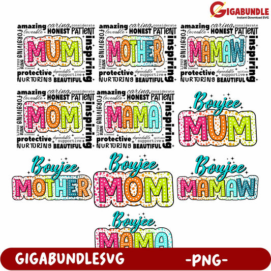 Colorful PNG Designs Featuring Creative Mom and Mother Text Styles