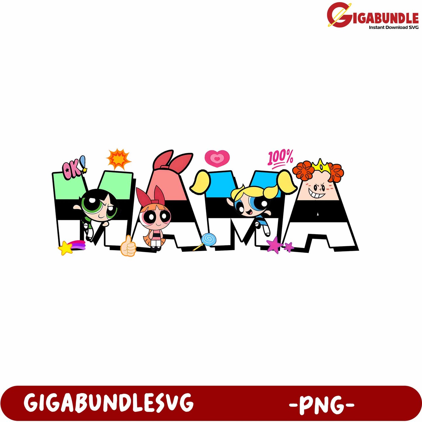 Colorful Powerpuff Girls Mama PNG Graphic for Fun Designs