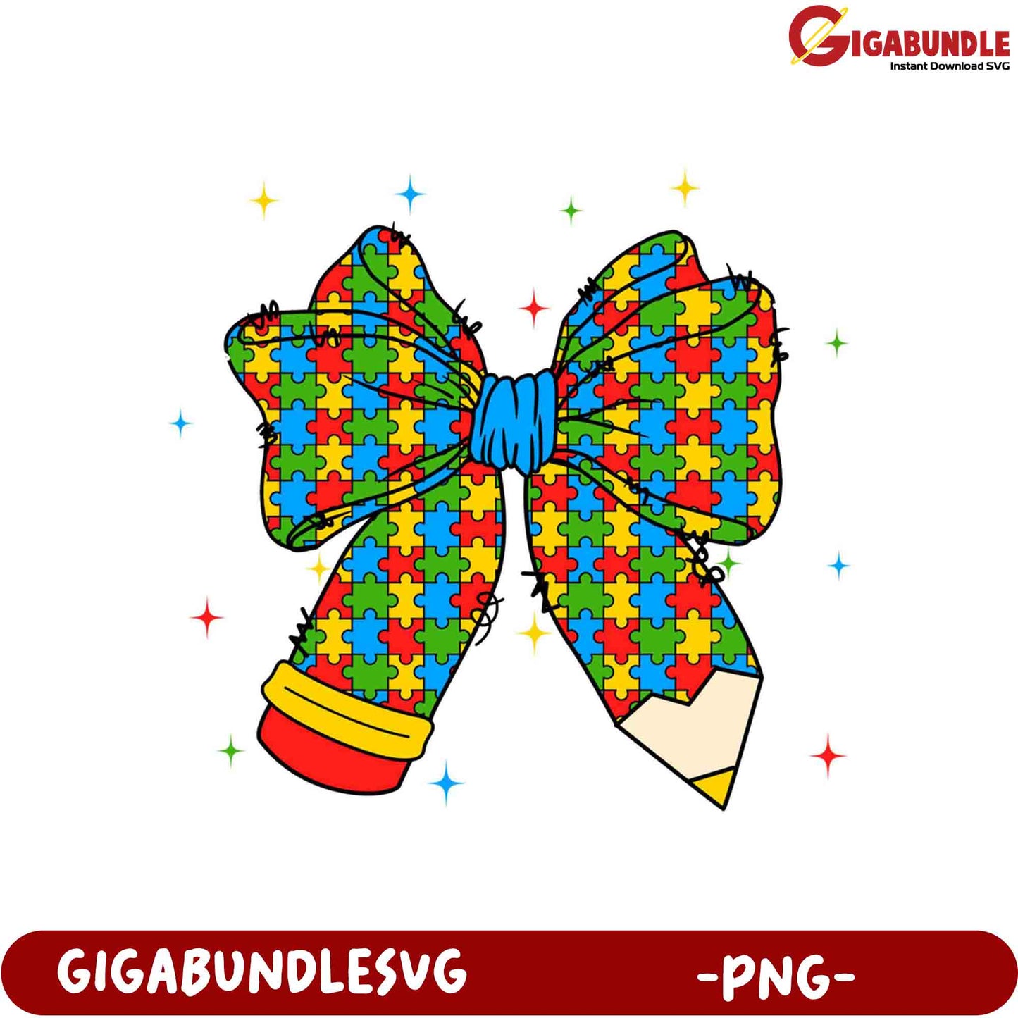 Colorful Puzzle Bow with Pencil PNG Digital Download