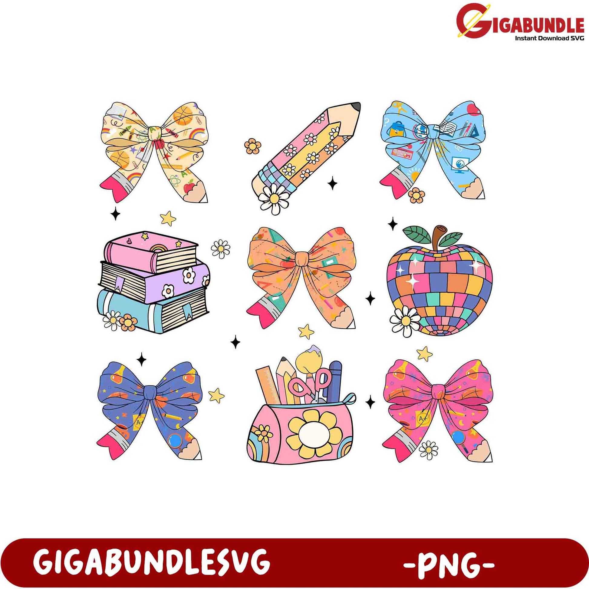 Colorful School Supplies and Bows PNG Clipart Set