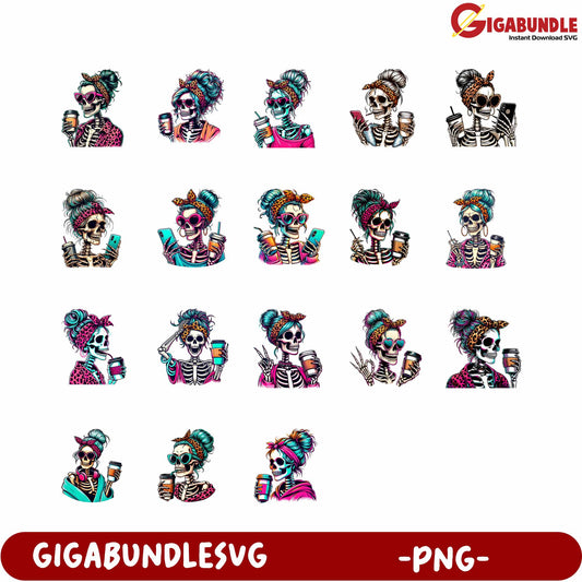 Colorful Skeleton Characters PNG Pack for Creative Designs and Crafts