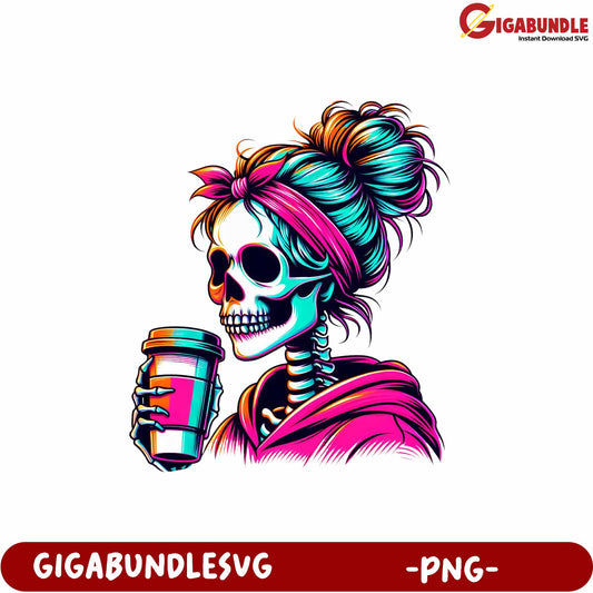 Colorful Skeleton Graphic with Coffee Cup in PNG Format for Design