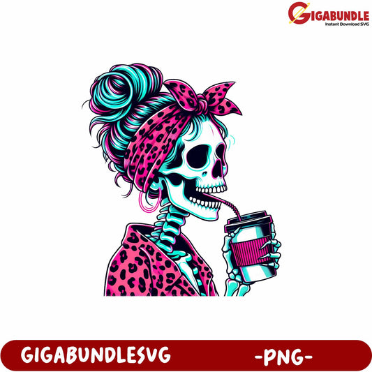 Colorful Skeleton with Coffee Cup PNG Graphic for Creative Projects