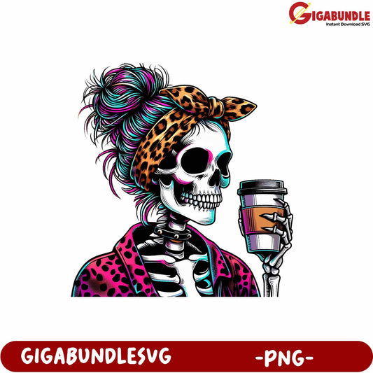 Colorful Skeleton with Coffee Cup PNG Graphic for Unique Designs