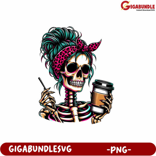 Colorful Skeleton with Coffee and Hair Accessories PNG Graphic Design