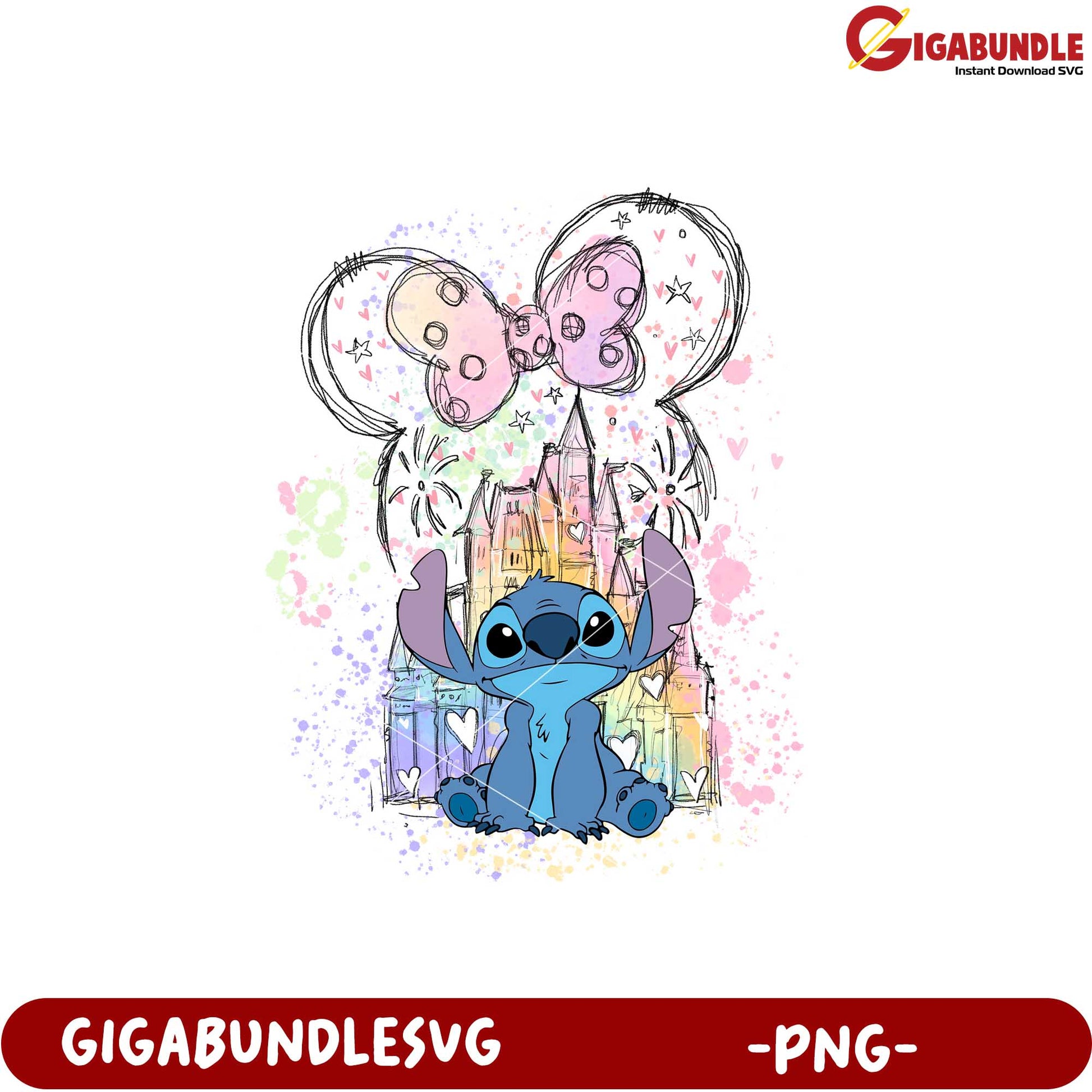 Colorful Stitch Character with Castle and Bow PNG Design