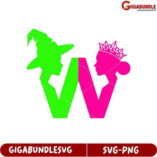 Colorful Witch and Princess W Letter SVG Design for Creative Projects