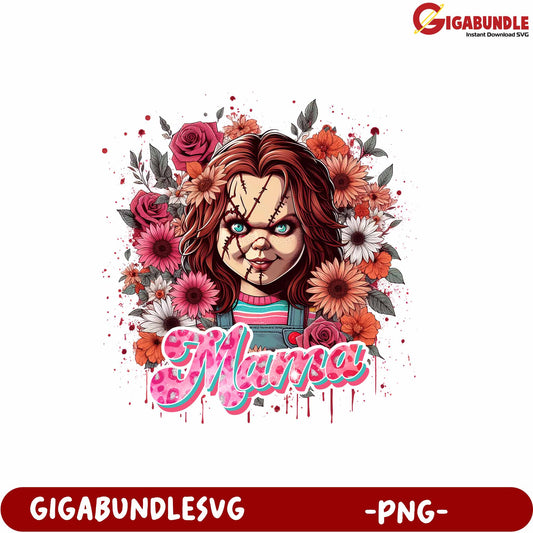 Creepy Mama Doll Graphic Floral Design for Digital Downloads PNG