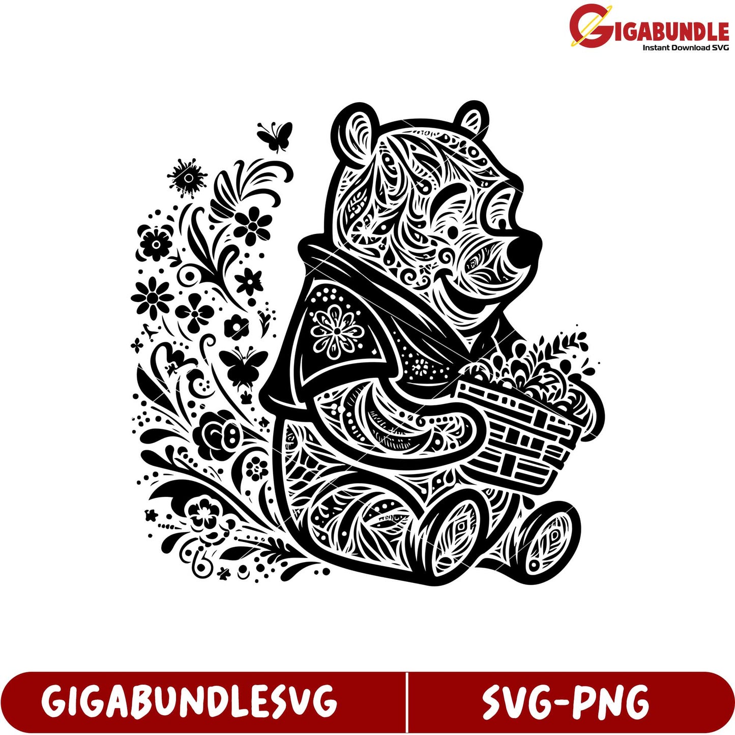 Cute Bear Design with Floral Elements for SVG Product Download