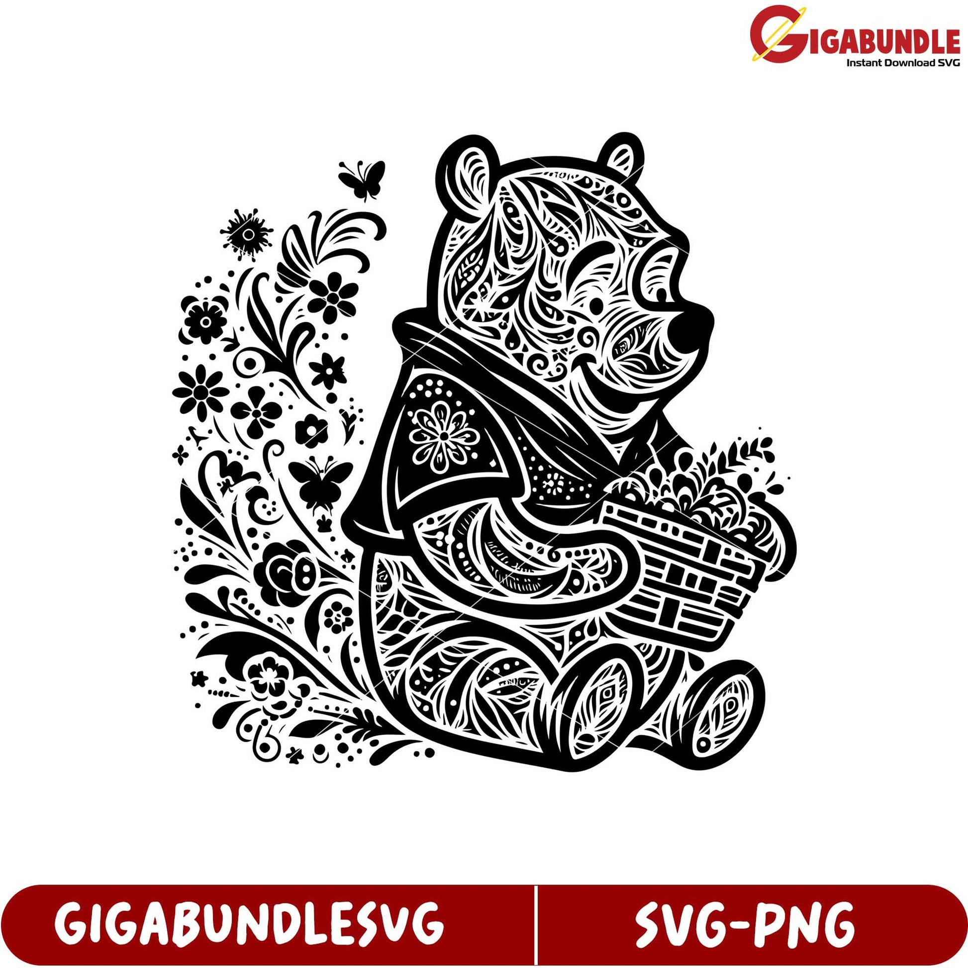 Cute Bear Design with Floral Elements for SVG Product Download