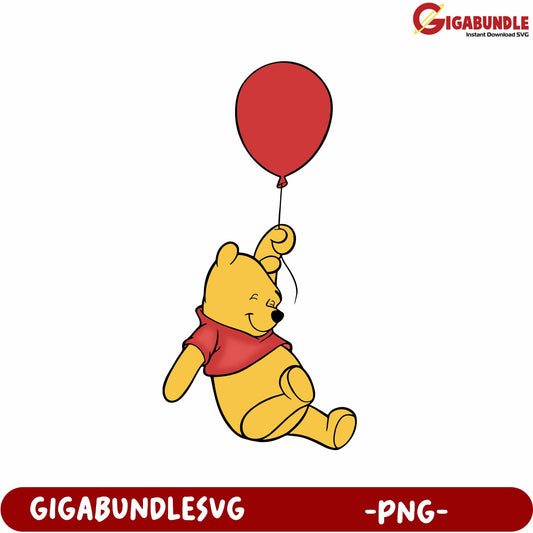 Cute Bear Flying with Red Balloon PNG Digital Download Art
