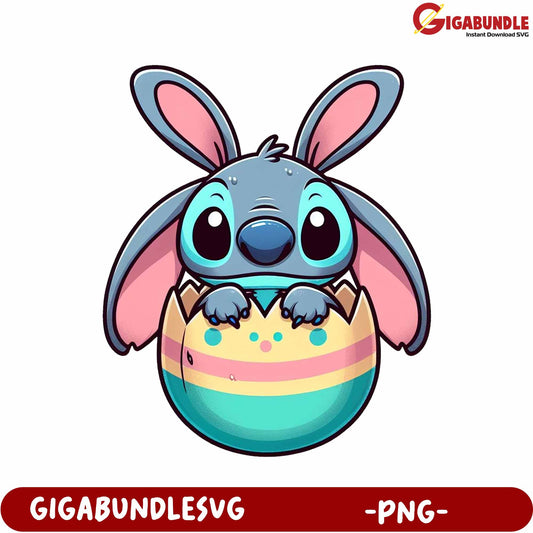 Cute Bunny Character Sitting in Colorful Easter Egg PNG Design