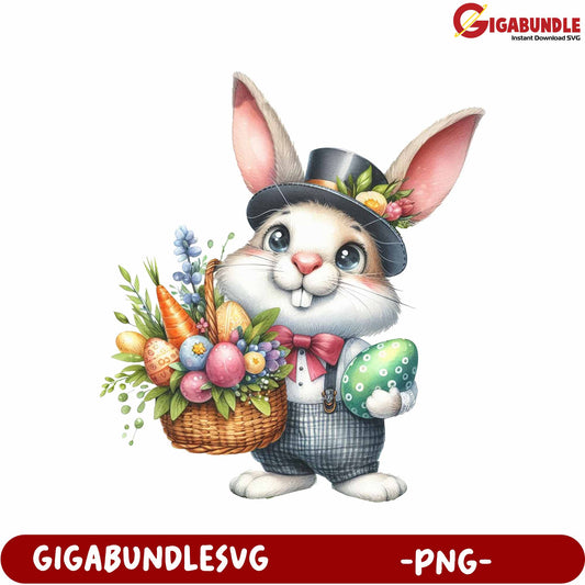 Cute Bunny Holding Easter Basket with Colorful Eggs - PNG