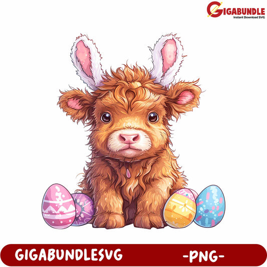 Cute Calf with Bunny Ears and Colorful Easter Eggs - PNG