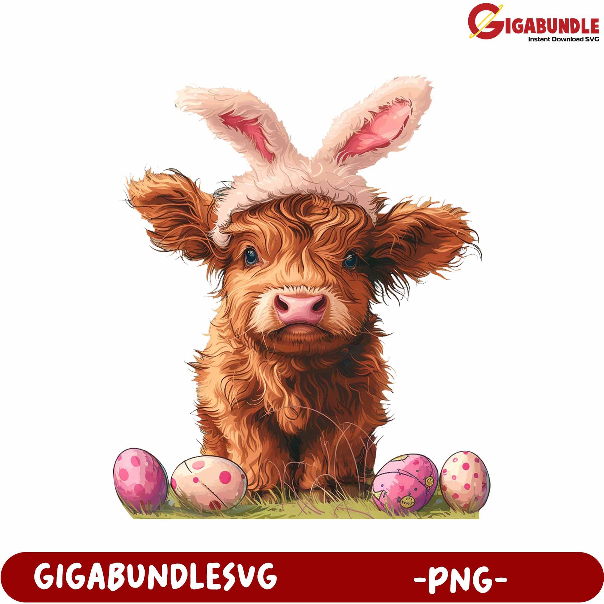 Cute Calf with Bunny Ears and Colorful Easter Eggs PNG Art