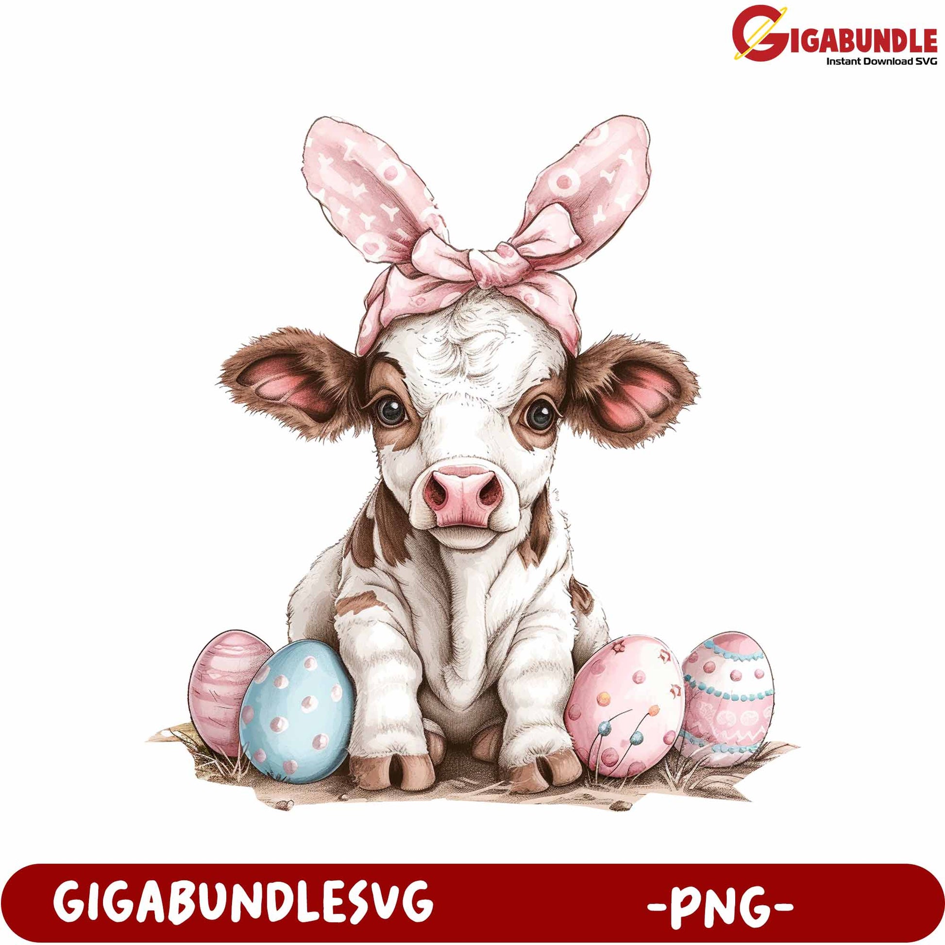 Cute Calf with Easter Eggs Digital PNG for Creative Projects