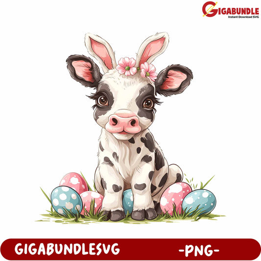Cute Calf with Flowers and Easter Eggs - PNG Graphic Design