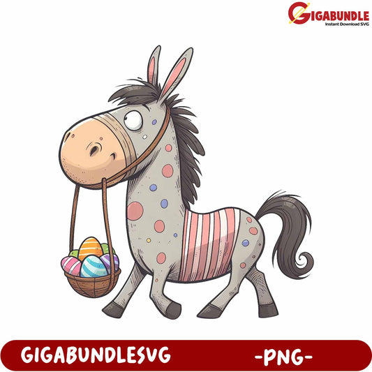 Cute Cartoon Donkey with Basket of Colorful Eggs - PNG Design