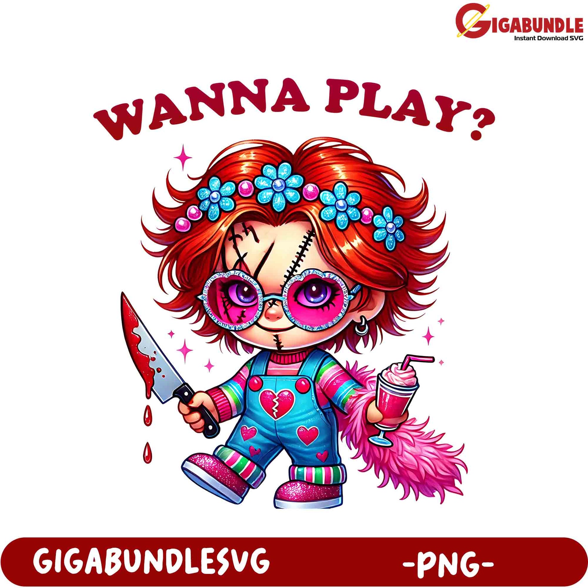 Cute Chucky-Inspired PNG for Crafting 'Wanna Play' Design